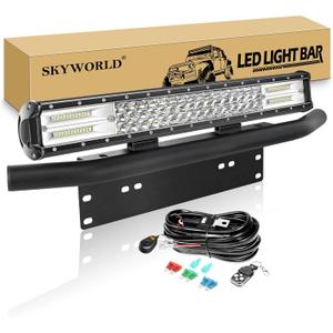 LED Light Bar SKYWORLD 20 inch 288W LED Off Road Driving Lights, License Plate Mount Bracket Holder with 12V Strobe Remote Control Wiring Harness for Tractor Truck 4x4 Vehicles Exterior Car Lighting (3-Row 20" + Bracket + Wiring)