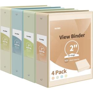 SUNEE 3 Ring Binder 2 Inch 4 Pack, Clear View Binder Three Ring PVC-Free (Fit 8.5x11 Inches) for School or Office Supplies, Neutral Aesthetic