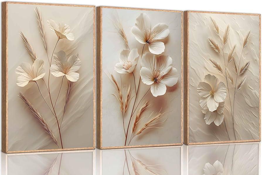 3Pcs Neutral Beige Floral Botanical Poster Wall art Unframed 12x16in