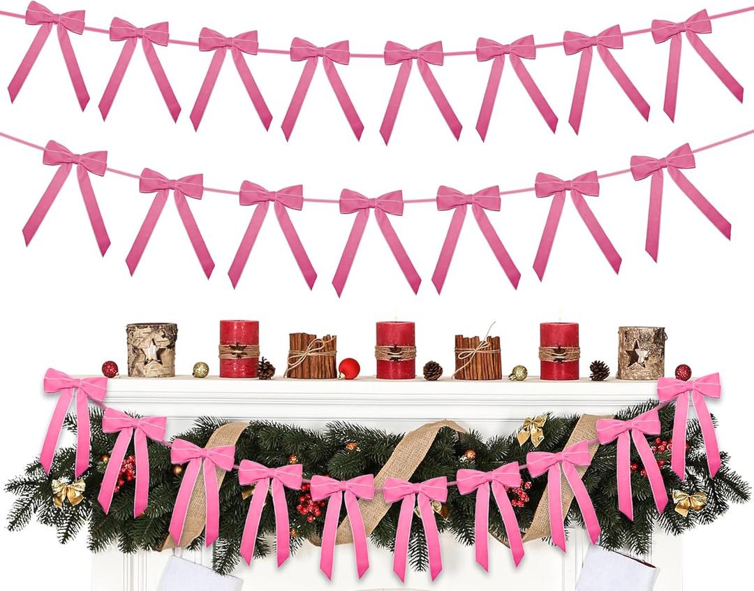 2 x Christmas Velvet Bows Garland, 10ft Pre-Strung Christmas Garland Banner with 15 Bows, Indoor Vintage Elegant Velvet Ornaments Home Decorations Decor for Tree Mantle Stair Party Wall Office, Pink
