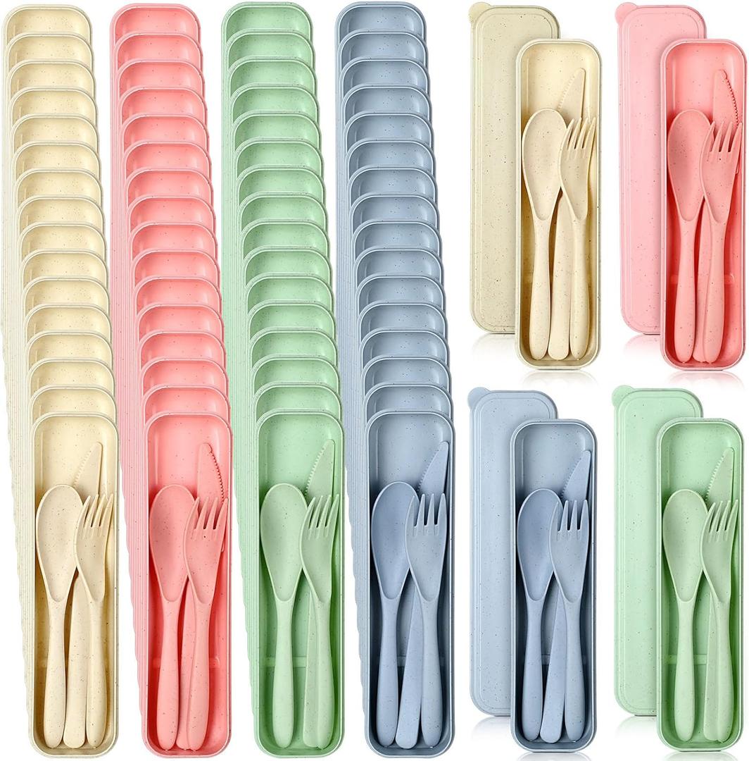 Jinei 50 Sets Reusable Travel Utensils Set with Case Wheat Straw Cutlery Portable Spoon Knife Forks Lunch Box Accessories Friendly Tableware for Kids Adults Camping Utensils(Bright)
