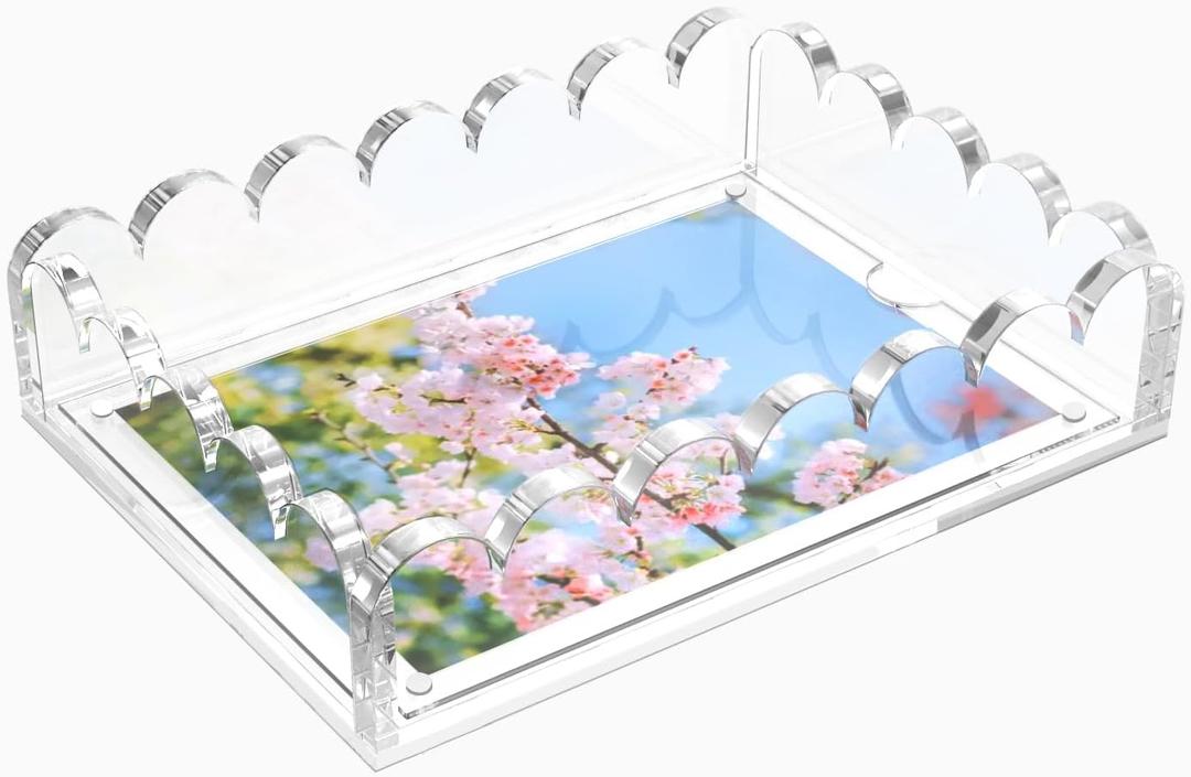 LUGUNU Scalloped Acrylic Tray with Magnetic Mat  Customizable for Photos, Artwork, or Messages, 5x7in, Non-Slip Base, Thick Transparent Acrylic Tray for Home Decor, Office, Gift for Women