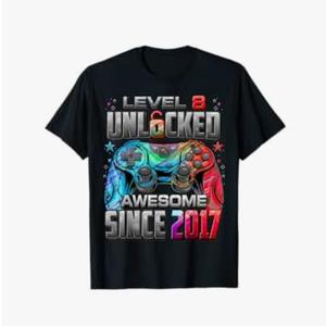 Level 8 Unlocked Awesome Since 2017 8th Birthday Gaming T-Shirt S