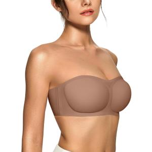OEAK Womens Strapless Bras Push Up Bandeau Bra Non Slip Wireless Supportive Padded Bras Seamless Comfortable Tube Bra Coffee XL