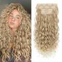 Curly Clip In Hair Extensions, 4PCS 20 Inch Dark Blonde with Light Blonde Extensions Clip Ins, Lace Weft Short Curly Invisible Natural Hairpieces for Women