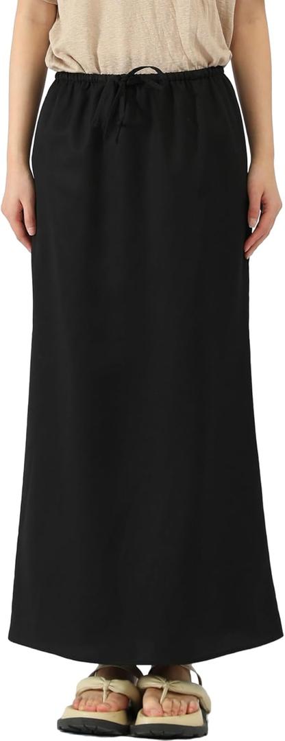 CLSEN Linen Skirt for Women with Adjustable Drawstring Ankle-Length Summer Silky Elegant Linen Skirt (Black, S)