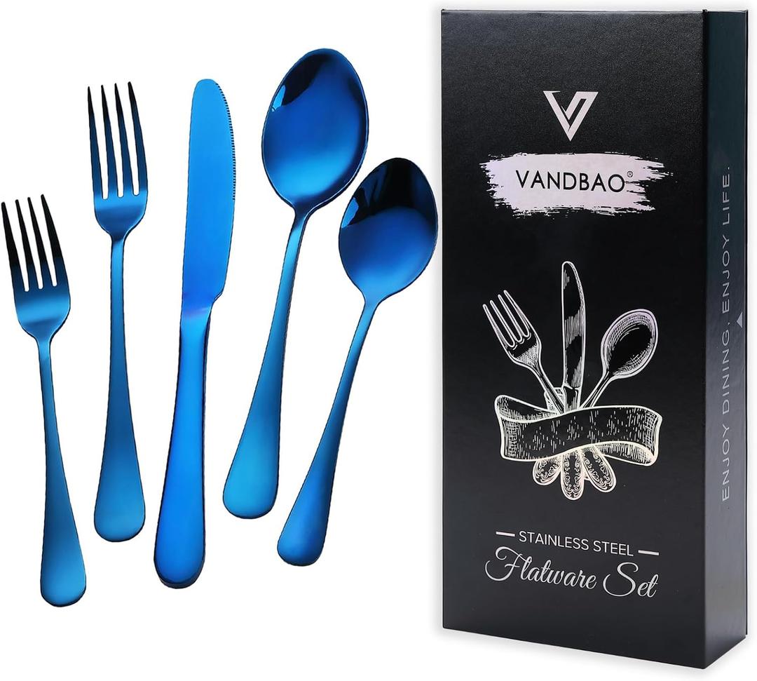 Blue Silverware Set Flatware Cutlery - 20 Pieces Stainless Steel Tableware Set Service for 4,Include Fork Knife Spoon,Mirror Polished,Dishwasher Safe (Blue Silverware 20 Pieces)