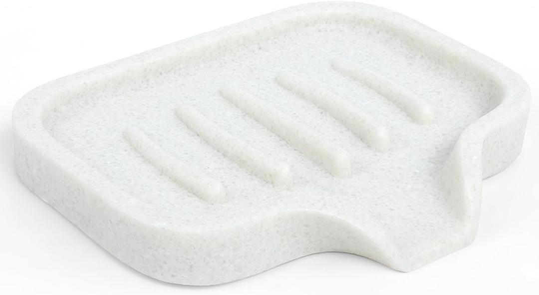 Self Draining Soap Dish for Shower and Bathroom Sink - Large Marble Resin Soap Holder with Drain, Non Slip Soap Tray for Bar Soap, Kitchen & Bathroom Counter (White)