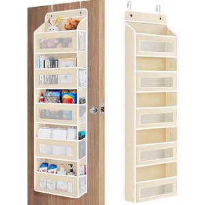 JARLINK Over The Door Organizer Storage, 5 Shelf Hanging Door Organizer with 5 Large Capacity Pockets, Anti Tilt 44 lb Load Behind Door Storage for Bedroom, Bathroom, Pantry, Nursery (Beige)