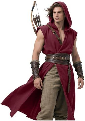 L'VOW Men's Medieval Hooded Surcoat Renaissance Tabard Sleeveless Tunic Cloak Viking Costume Holloween Assassin Cosplay medium