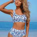 ZAFUL Women's High Waisted Swimsuit Scoop Neck Textured Floral Bikini Set 2 Piece Bathing Suit (Brown)