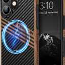 TENDLIN Magnetic Case Compatible with iPhone 16 Phone Case Wood Grain with Carbon Fiber Texture Design Leather Hybrid Slim Cover (Compatible with MagSafe) Three Stripe