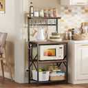 Furologee Kitchen Bakers Rack with Power Outlet, Microwave Oven Stand with Storage 4 Tiers, Coffee Bar Table with 6 S Hooks, Kitchen Storage Shelf Rack for Spices, Pots, Rustic Brown, 22inch