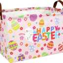 Pink Easter Basket for Kid Large Empty Baby Rectangular Cute Easter Gift Storage Basket Bunny Eggs Dcor (Pink Rabbit Flower), 14.9"L x 10.2"W x 9.8"H