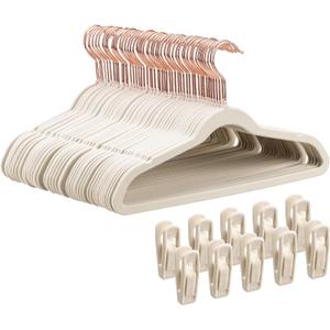 Tonswachic Child Velvet Hangers 50 Pack - 14 Inch Premium Felt Non Slip Kids Hanger for Infant & Toddler Clothes - 0.2" Slim Space-Saving Kids Felt Hangers for Children's Closet with 10 Clips - Beige