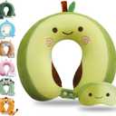 Cute Travel Pillow with Sleep Eye Mask Cartoon Headrest & Neck Pillow for Kids Boys & Girls, Teens, Travel Accessories for Airplane, Car, Recline, Home Use Memory Foam Flight - Green Avocado