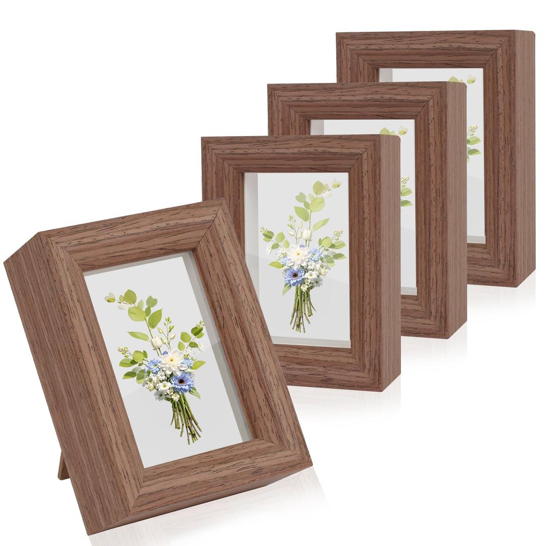 2x3 Mini Picture Frames Set of 2, Wallet Size Picture Frames Small Wooden Shadow Box Frame with Real Glass Cover for Farmhouse Tabletop Display, Rustic Brown