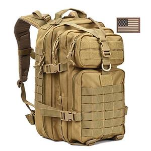 REEBOW GEAR Tactical Backpack Army Molle Military Style Assault Pack Bug Bag Backpacks 34L Daypack (With Flag Patch, Tan)