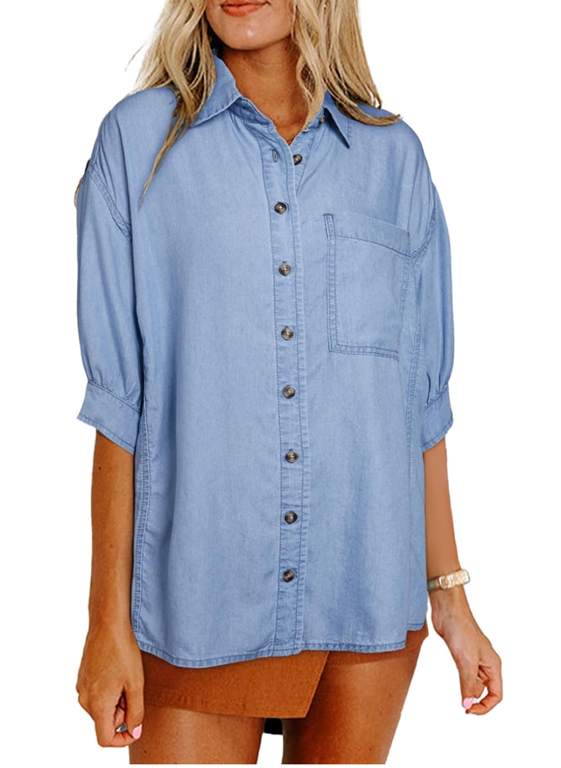 Astylish Women 2025 Denim Shirt Summer Oversized Short Sleeve V Neck Button Down Chambray Blouse Top with Pocket M