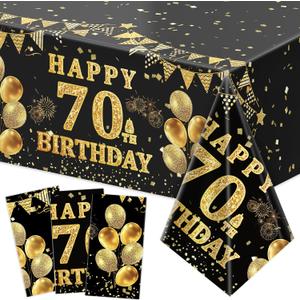 Labeol 3 Pack 70th Birthday Tablecloth, Black and Gold Happy 70th Birthday Decorations, Disposable Plastic Rectangular Table Cover Party Supplies for Men Women