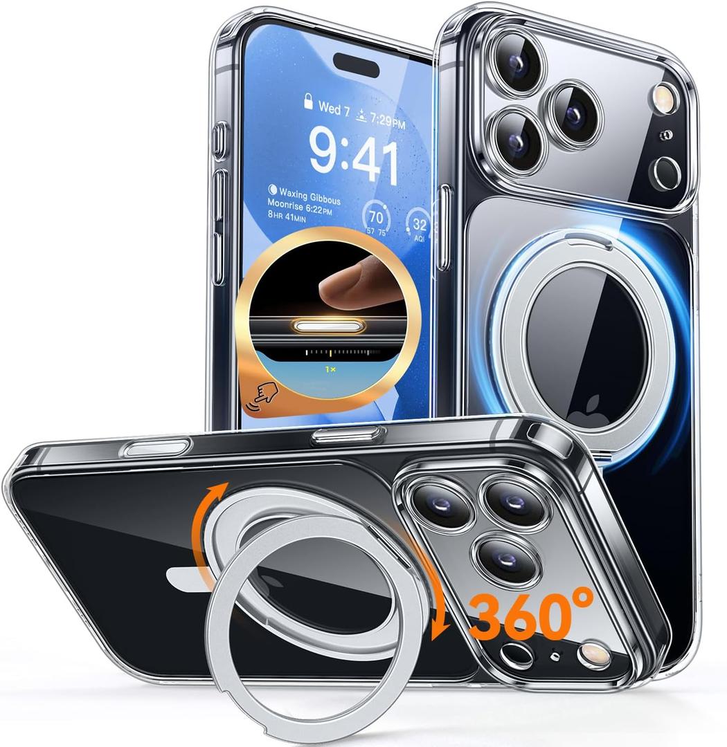 CANSHN 360 Spin Magnetic Stand for iPhone 17 Pro Max Case Clear with Camera Control [Full Camera Protection] [Compatible with Magsafe] Non-Yellowing Shockproof Protective Phone Cover 6.9" - Clear