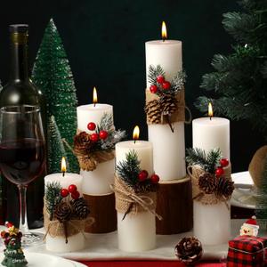 5 Pcs Christmas Pillar Candle 5 Size White Pillar Handmade Soy Wax Candles Holiday Decor Gift for Bedroom Bathroom Indoor Outdoor Home Dinner Party Decoration