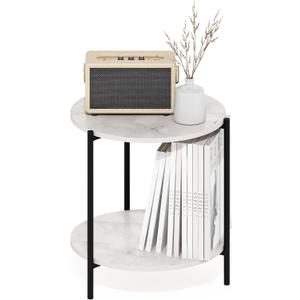 Furinno Besi 2-Tier Modern Round Side End Table with Sturdy Metal Legs, 15.55 (W) x 10.58 (H) x 5.46 (D) inches, Marble White