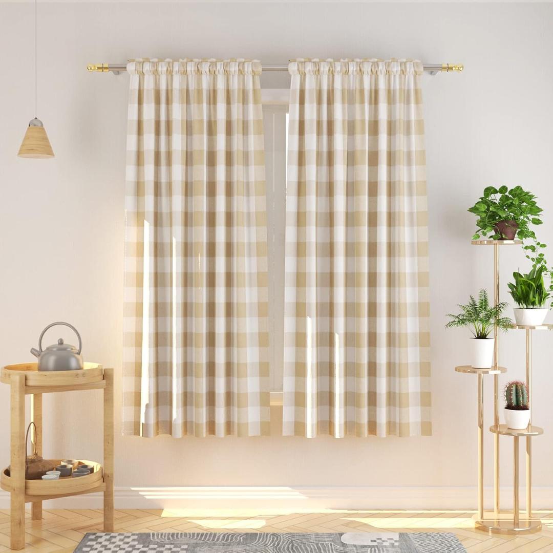 Buffalo Check Curtains 72 inches Long Cotton Basement Beige and White Gingham Plaid Kitchen Window Panels Living Room Checker Drapes Bedroom Rod Pocket Window Treatment 2 Panels