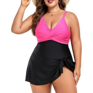 Women Plus Size Swim Dress Tummy Control One Piece Swimsuit Wrap Full Coverage Modest Bathing Suit Cute Tie Knot (Pink, XL)