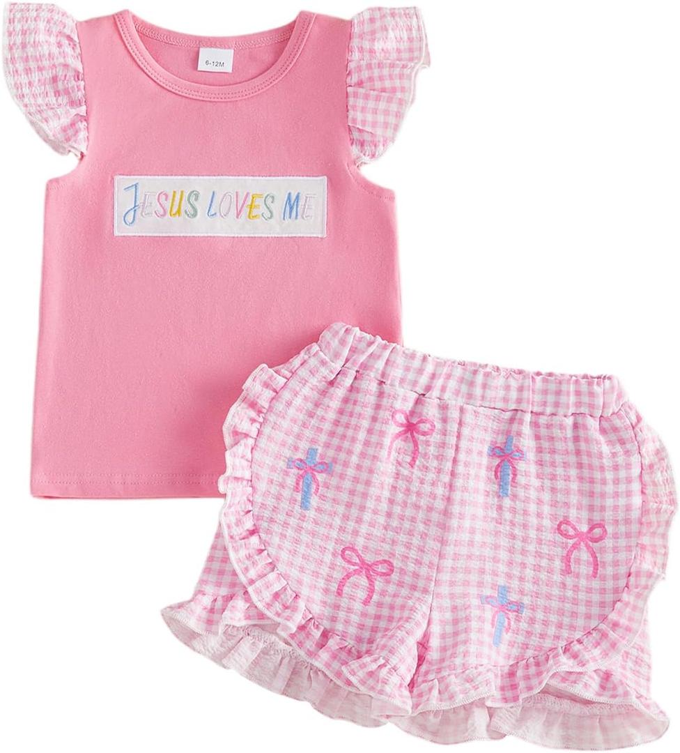 Toddler Baby Girl Easter Outfit Embroidery Flutter Sleeve T Shirt Plaid Ruffle Shorts 2 Piece Spring Set 12M-5T (Pink)