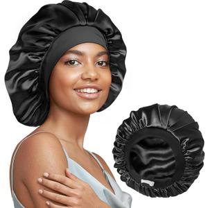 22 Momme 100% Real Mulberry Silk Bonnet for Sleeping Women, Large Hair Care Bonnet for Long Curly Hair, Double Layer Silk Hair Wrap with Soft Elastic Band, Non-Slip Sleep Cap, Black