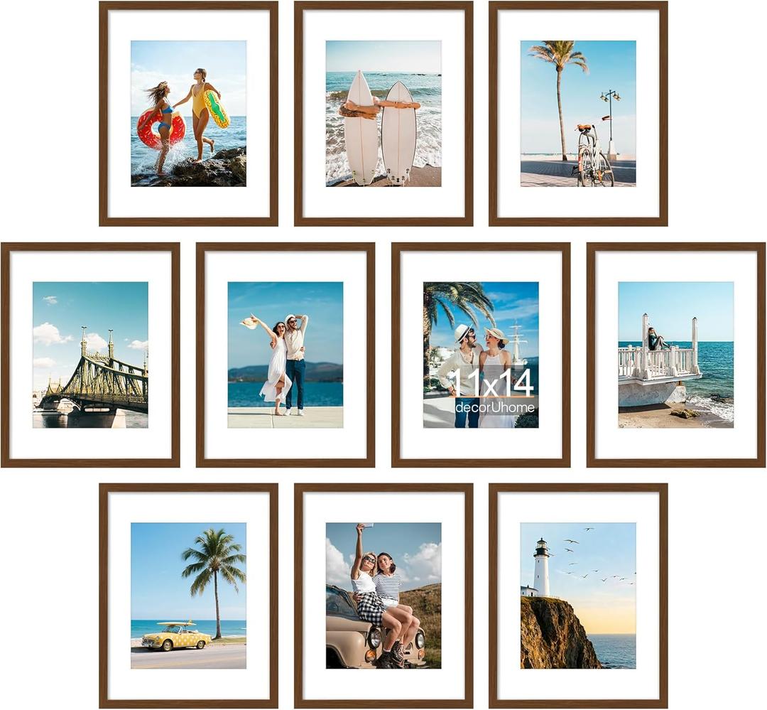 decorUhome 11x14 Picture Frame Set of 10, Display Photos 8x10 with Mat or 11x14 Unmatted for Picture Frames Collage Wall Decor, Brown