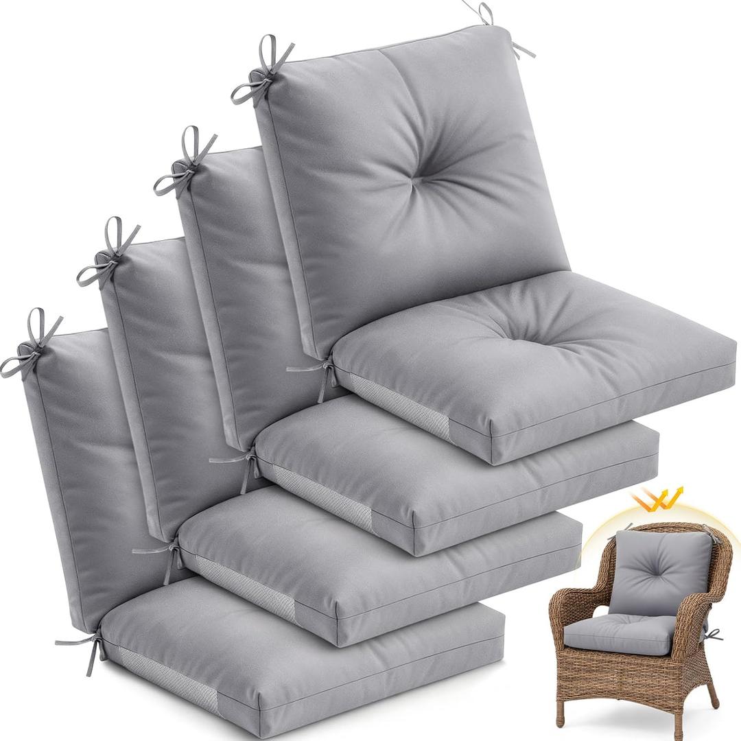Marsui 4 Pack High Back Outdoor Chair Cushions Patio Furniture Tufted Pillow with Ties for Seat Pads Water Resistant Rocking Seat Cushions for Patio Dining Porch, 42 x 21 x 5 Inches (Light Gray)