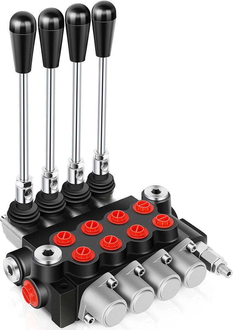 Hydraulic Flow Control Valve 4 Spool 11 GPM G Ports Adjustable Relief Lever Handle Double Acting Parallel Center Tractor Loader W/Joystick Small Tractors/Tanks Loaders Log Splitters 3600 PSI