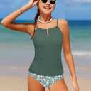 Girls Swimsuit Halterneck 2 Piece Girl Swimsuit with Floral Print Shorts Ruched Girls Tankini Swimsuit 11-18 Years (Green)