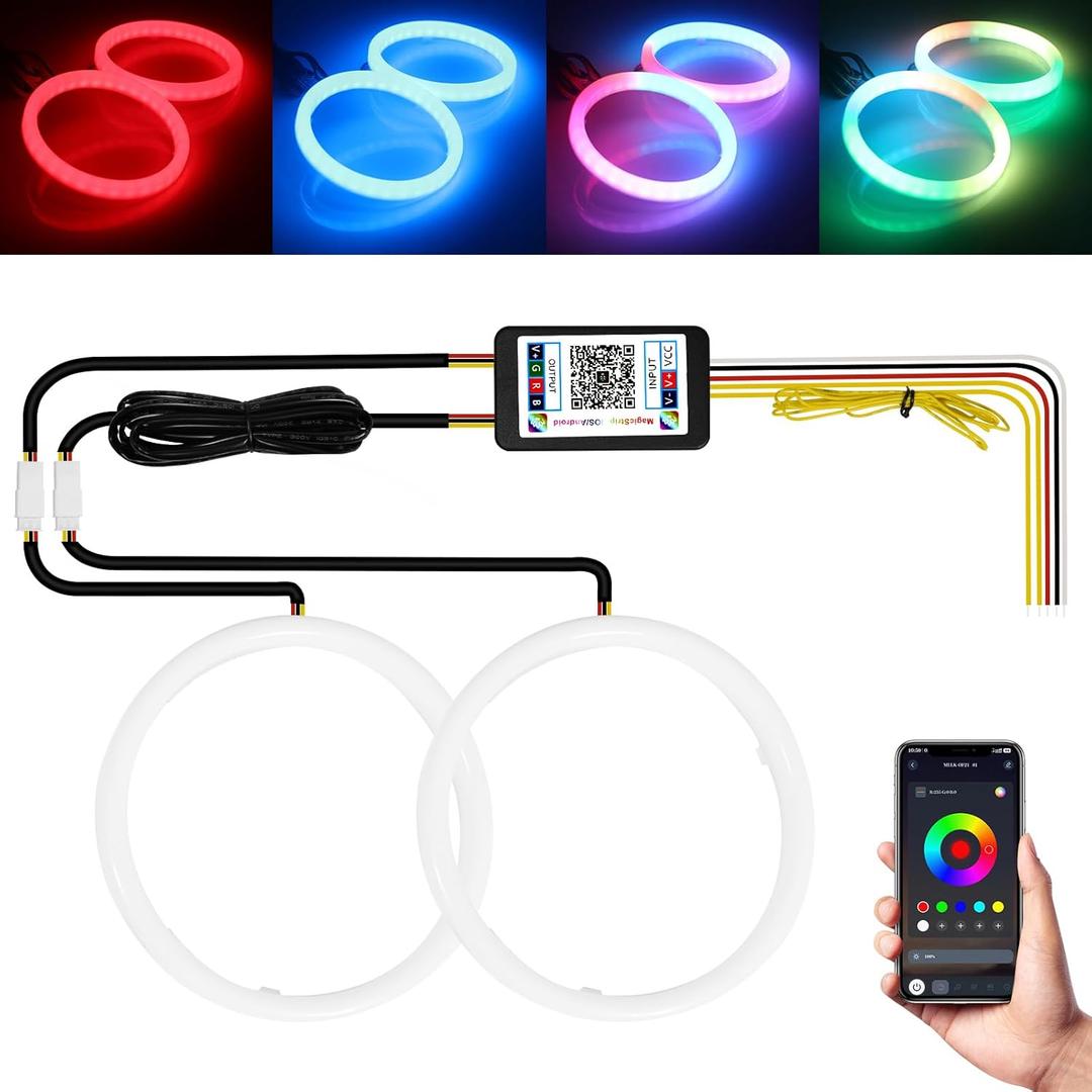 Qasim Angel Eyes Halo Rings Cotton Lights 12V 80MM RGB LED Universal for Car Scooter Motorcycle DRL with Turn Signal Function APP Bluetooth Control Multi-Color 2-Pack