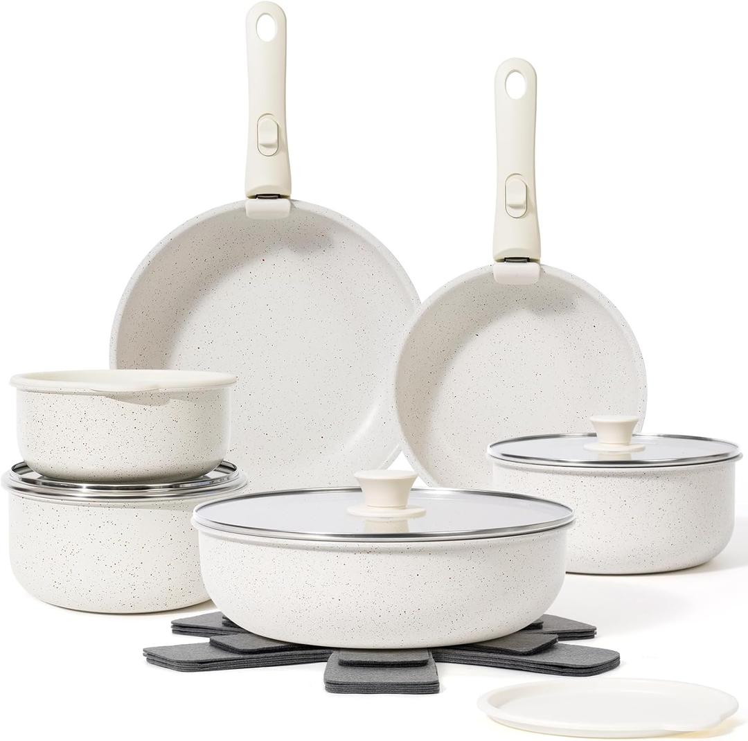 Pack of 18 Pots and Pans Set Non Stick, Cookware Sets with Detachable Handle, Nonstick RV Kitchen Cooking Tools Removable Handles, Oven Safe, Induction Fast, Stackable Induction Cookware, White