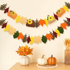 2 Pcs Thanksgiving Felt Garland 9.8 Ft/Piece Thanksgiving Leaves and Pumpkin Banner Garland Artificial Maple Felt Pumpkin with Leaves for Home Mantle Wall Banner Party Supplies