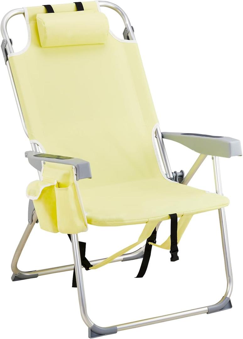 VINGLI Aluminum Backpack Beach Chair for Adults, Portable Lightweight Reclining Beach Chair with Headrest & Side Pocket, Lay Flat Beach Chair with 5 Positions for Outdoor Lawn/Fishing/Pool Lounge