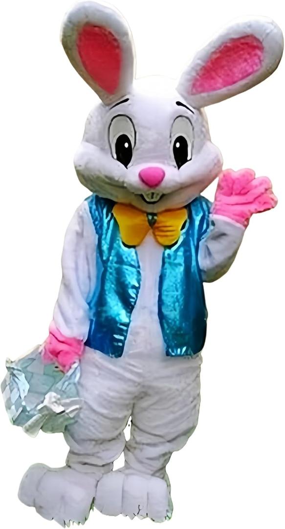 To.beone Easter Bunny Mascot Costume with Blue Vest and Yellow Bow Tie, Adult Size Rabbit Character Suit for Events and Parties