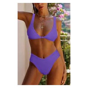 Bikini Set for Women Solid V Neck Knot Front Push Up High Leg Thong Two Piece Swimsuit S