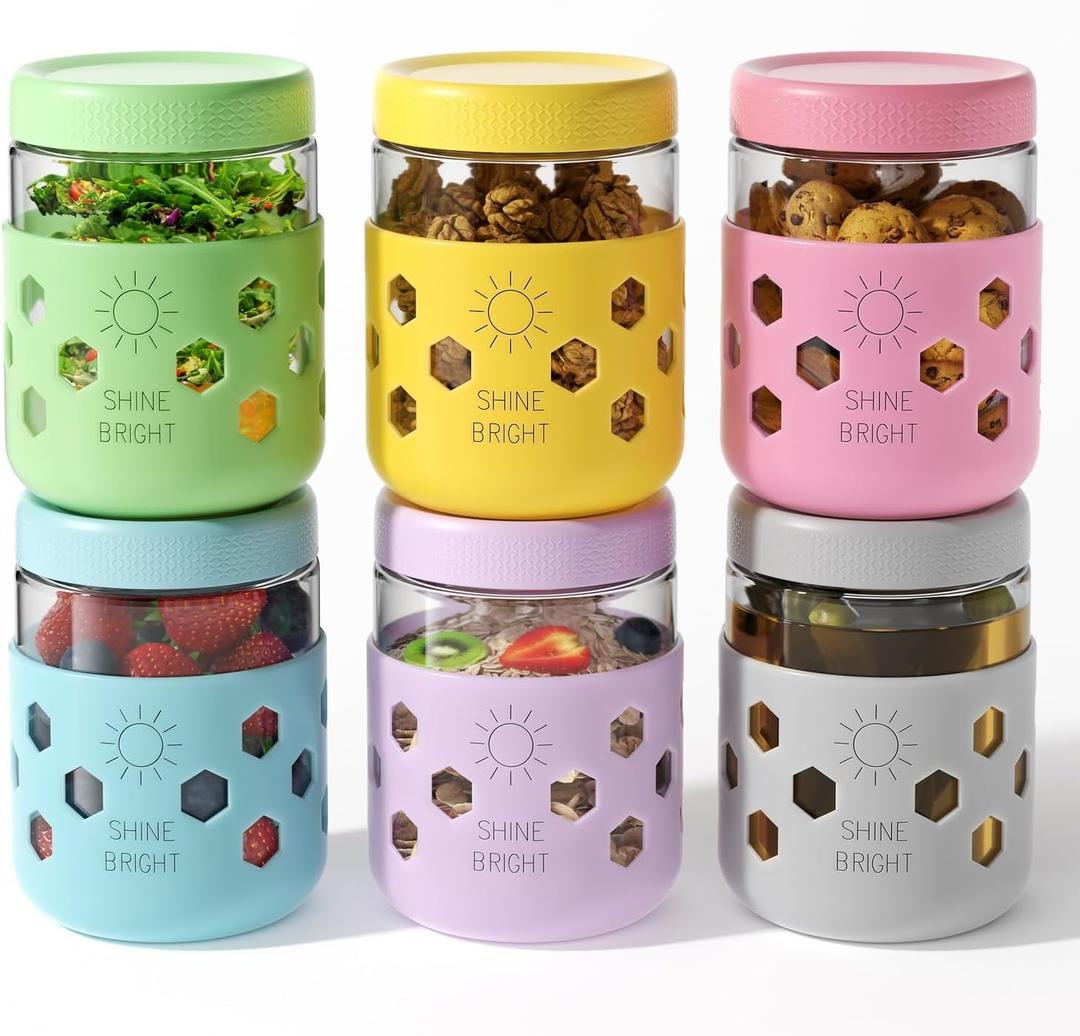 6 Pack Glass Overnight Oats Containers with Lids, 16 oz Mason Jars with Silicone Sleeves, Airtight Leak-Proof Meal Prep Jars for Chia Pudding, Oatmeal, Yogurt, Snacks, Smoothies, Salads