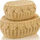Tebery Set of 2 Wicker Storage Baskets with Lid, Hand Woven Scalloped Basket Boxes for Shelf, Sturdy Rattan Storage Bin Organizer for Home Decoration, Display