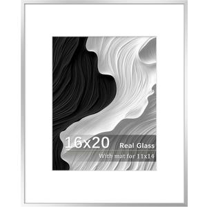 16x20 Frames Silver, Aluminum Poster Frame with Real Glass, Display Photo 11x14 with Mat or 16 x 20 without, Modern Metal Picture Frames for Wall, Horizontal or Vertical Wall Mounting