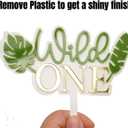 Wild One Acrylic Cake Topper, Double Layer Design with Tropical Leaves, White and Green with Gold Letters, 6.2 x 5.5 Inch