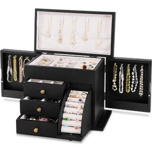 Poyilooo Jewelry Box Organizer, Solid Wood Jewelry Boxes for Women, Double Layer Jewelry Organizer Box Display Earring Necklace Bracelet Ring, Rustic Style Small Jewelry Box for Girls (Black)