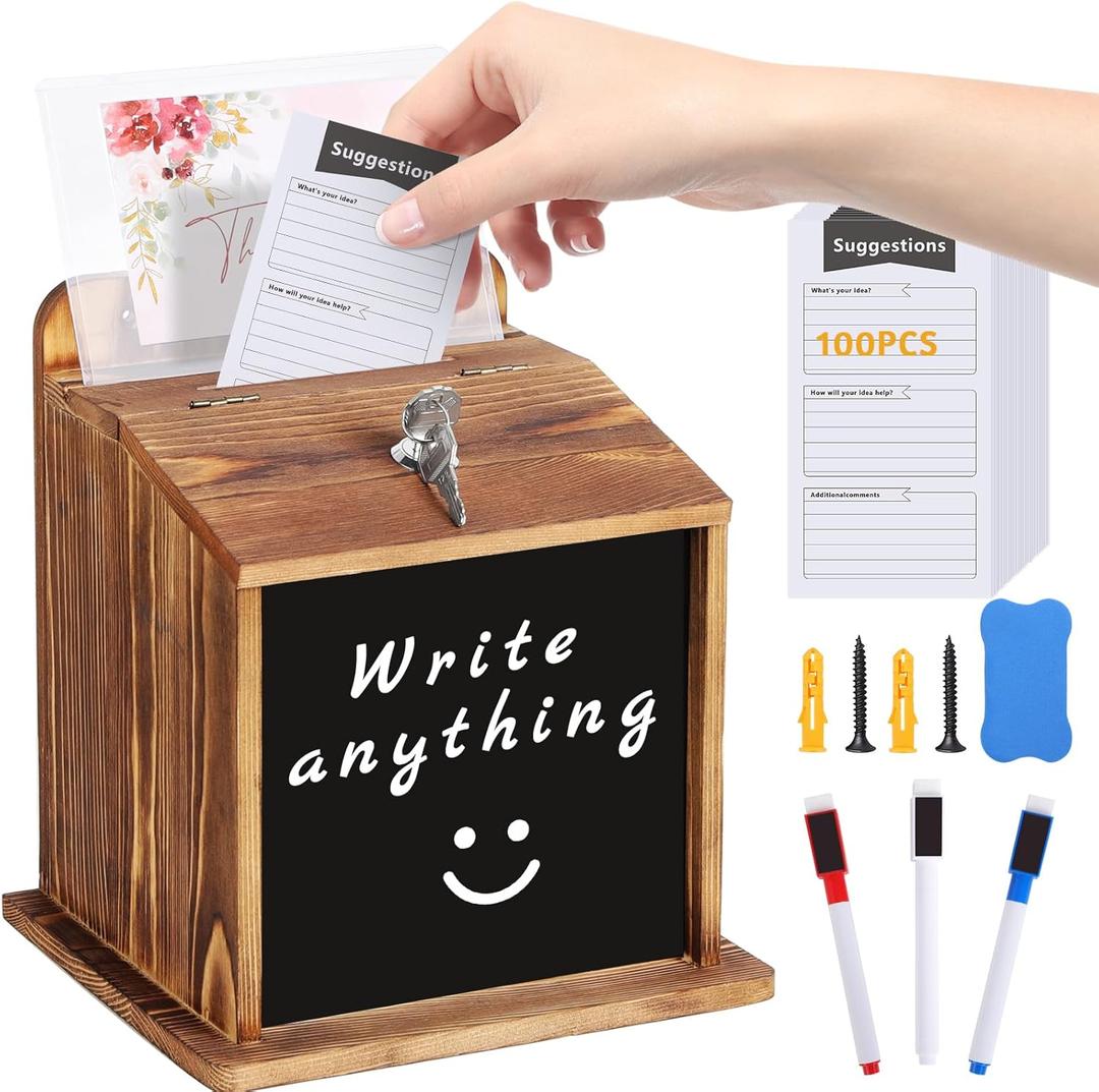 Suggestion Box with Slot and Lock, with 100 Suggestion Cards - Ballot, Donation, Comment Drop Box for Church, Office, Wedding - Wall Mount/Countertop