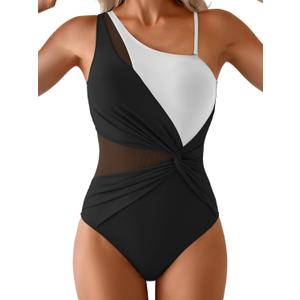 One Shoulder One Piece Swimsuit for Women Mesh Tummy Control Bathing Suit Twist Swimwear with Removable Strap (X-Large, Black and White)
