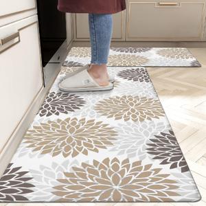 HEBE Anti Fatigue Kitchen Rug Sets 2 Piece Non Slip Kitchen Mats for Floor Cushioned Kitchen Rugs and Mats Waterproof Comfort Standing Mat Runner for Kitchen,Home Office,Sink,Laundry (17.3"x48"+17.3"x28"-0.4"Th, Brown)
