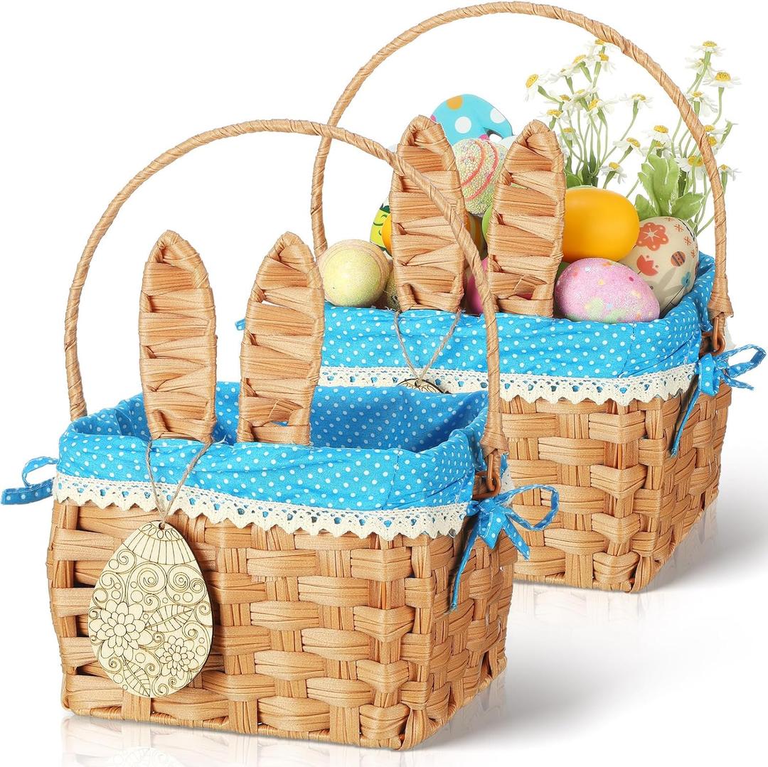 1pcs Wicker Easter Basket Wicker Picnic Basket with Tag Empty Rattan Bunny Basket with Handles & Liner Willow Hamper Basket for Eggs & Candy Storage Fruit, (Blue Polka Dots)